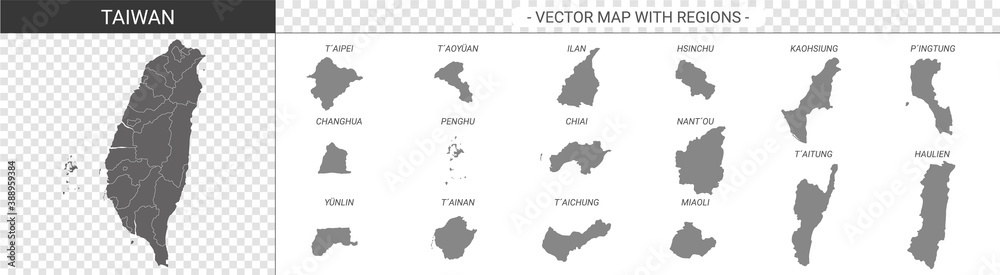 vector political maps of Taiwan with regions on white background	
