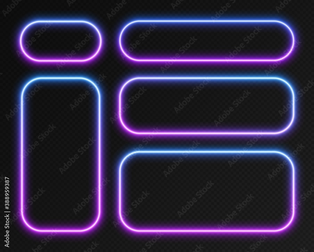 Neon gradient frames set, collection of blue-purple glowing rounded rectangle borders isolated on a dark background. Colorful night banners, bright illuminated shapes, retro style vector light effect. Neon gradient frames set, collection of blue-purple glowing rounded rectangle borders isolated on a dark background. Colorful night banners, bright illuminated shapes, retro style vector light effect.