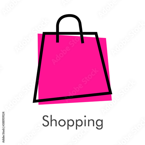 Símbolo de tienda en línea. Logotipo con texto Shopping con bolsa de la compra lineal con color rosa 
