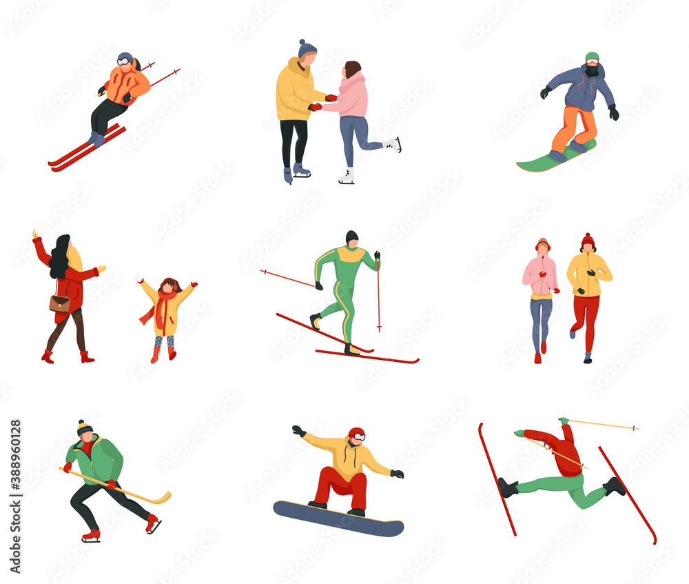 Obraz premium Collection of women and men performing winter activities skiing, snowboarding, ice skating, mountaineering. Outerwear skiing, ice skating, snowboarding, playing hockey.