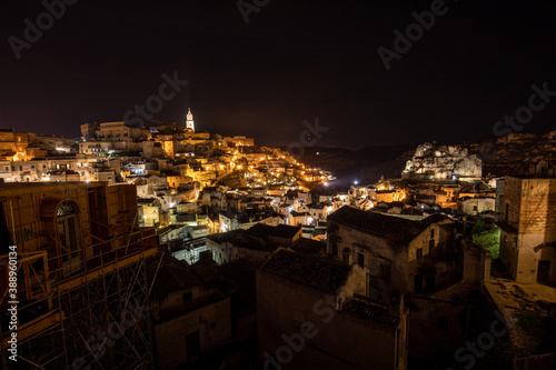 Night landscape of the Sassi of Matera, well-known for their ancient cave dwellings. Basilicata. Italy