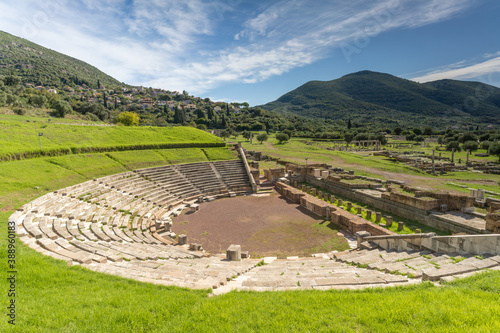 Ruins of the theater in the Ancient Messene archeological site, Peloponnese, Greece. One of the best preserved ancient cities in Greece with visible remains dating back further than the 4th century BC