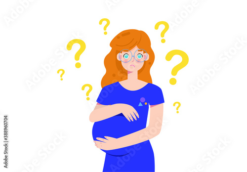 Thoughtful pregnant woman with question marks over head. Expecting mom thinking or solving problem. Asking pregnant concept.