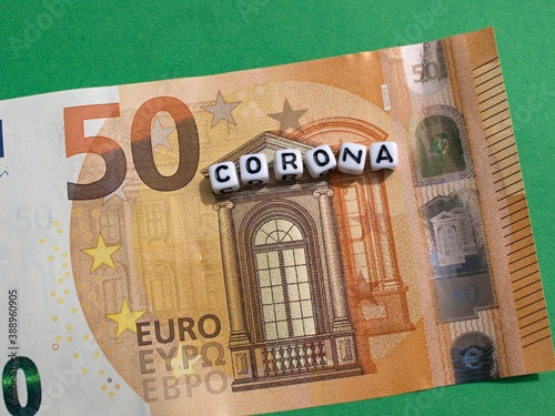 Fifty Euro bill with lettering Corona