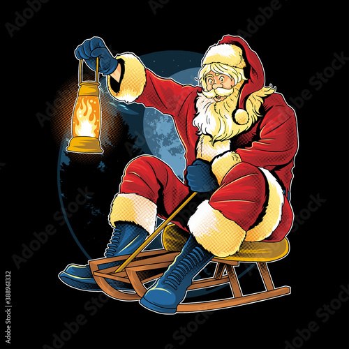 santa claus christmas skating on the snow carrying a fire lamp