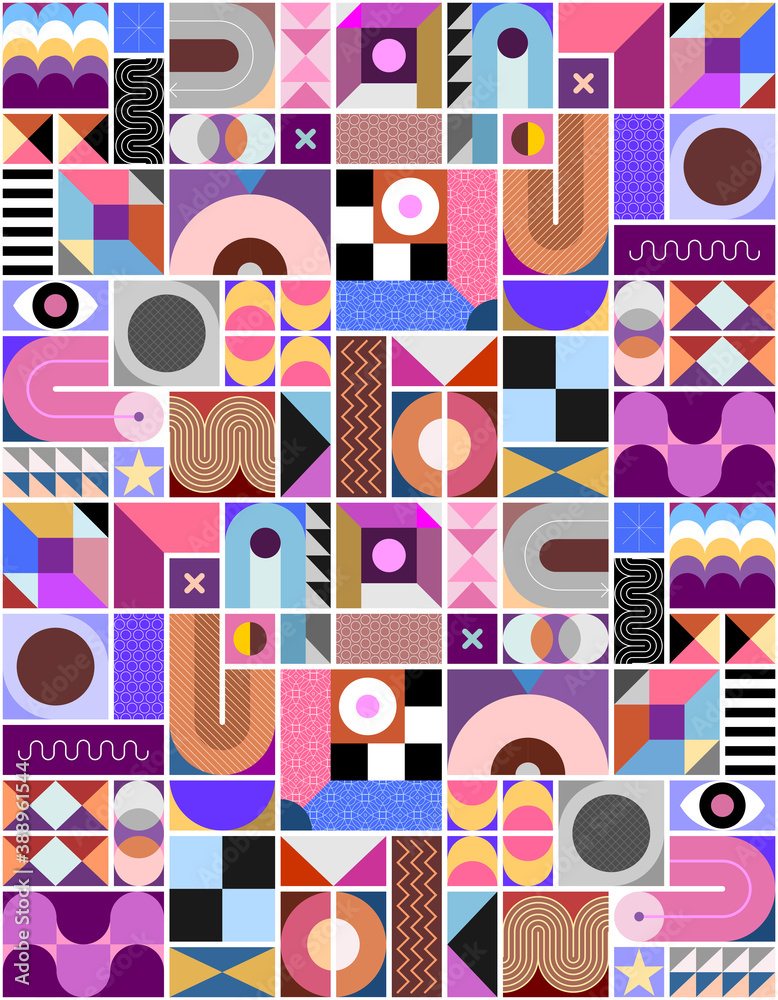 Abstract flat design of many different geometric shapes and patterns. Vector geometry art seamless background.	