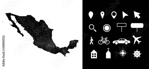 Map of Mexico administrative regions departments, icons. Map location pin, arrow, man, bicycle, car, airplane.