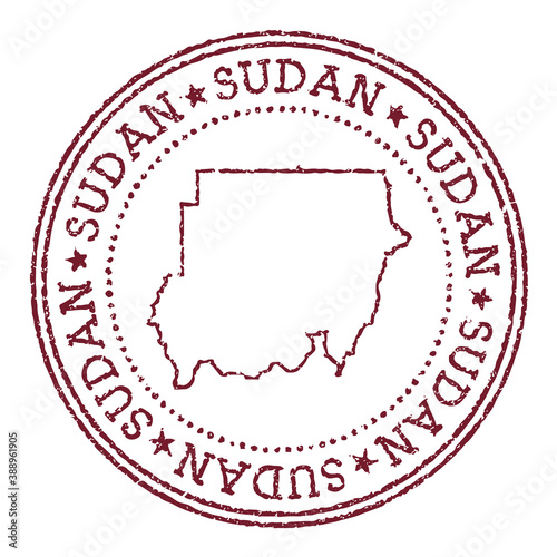 Sudan round rubber stamp with country map. Vintage red passport stamp with circular text and stars, vector illustration.