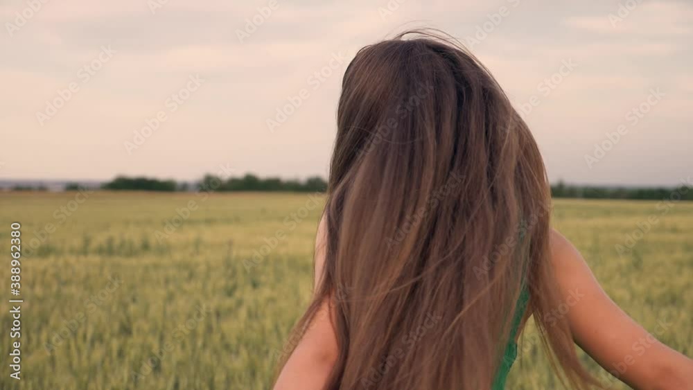 Happy young girl in green dress enjoys the beautiful view of the wheat field. The girl walks on wheat and dreams. Happy child. The path to the dream Happy young girl in green dress enjoys the beautiful view of the wheat field. The girl walks on wheat and dreams. Happy child. The path to the dream