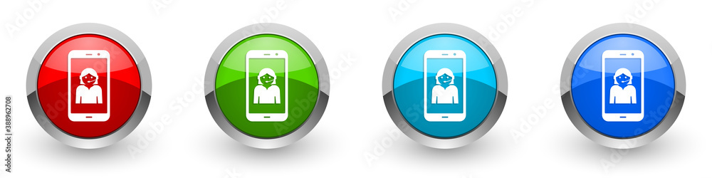 Online customer service in smartphone, silver metallic glossy icons, set of modern design buttons for web, internet and mobile applications in four colors options isolated on white background Online customer service in smartphone, silver metallic glossy icons, set of modern design buttons for web, internet and mobile applications in four colors options isolated on white background