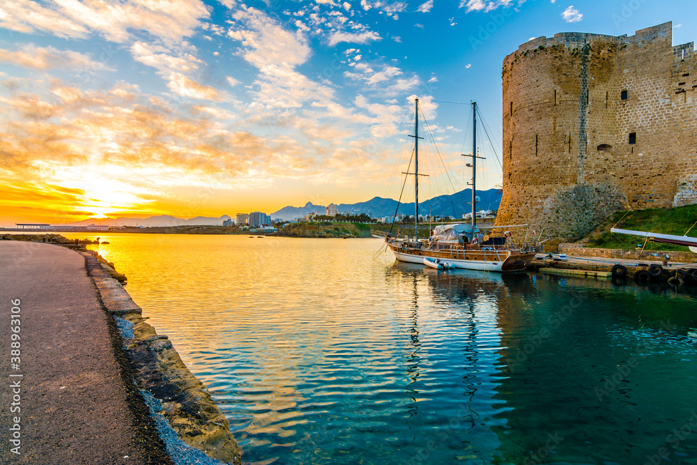 Kyrenia old harbour and castle view in Northern Cyprus.