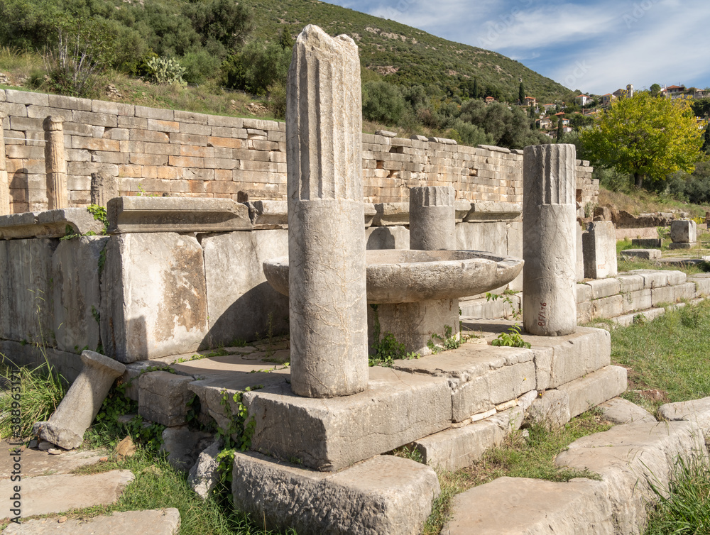 Ruins in the Ancient Messene archeological site, Peloponnese, Greece. One of the best preserved ancient cities in Greece with visible remains dating back further than the 4th century BC.