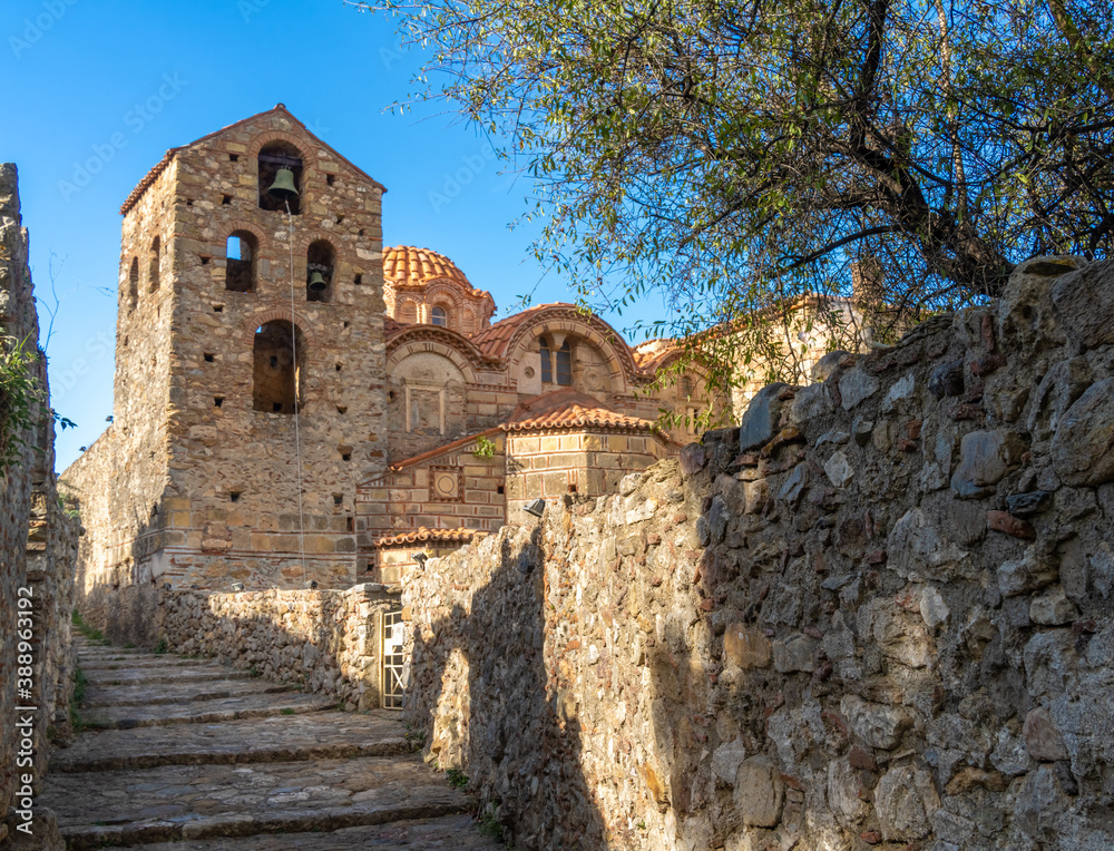 Ruins in Mystras (also Mistras, Myzithras) a historical fortified Bizantine town in Laconia, near ancient Sparta, Peloponnese, Greece.
