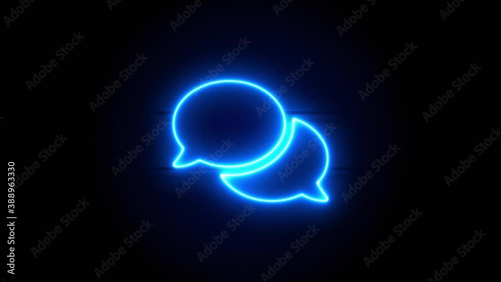 Chat neon sign appear in center and disappear after some time. Animated blue neon symbol on black background. Looped animation. Chat neon sign appear in center and disappear after some time. Animated blue neon symbol on black background. Looped animation.