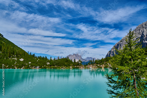 Fototapeta Naklejka Na Ścianę i Meble -  bleu lake in the dolomites Italy, Carezza lake Lago di Carezza