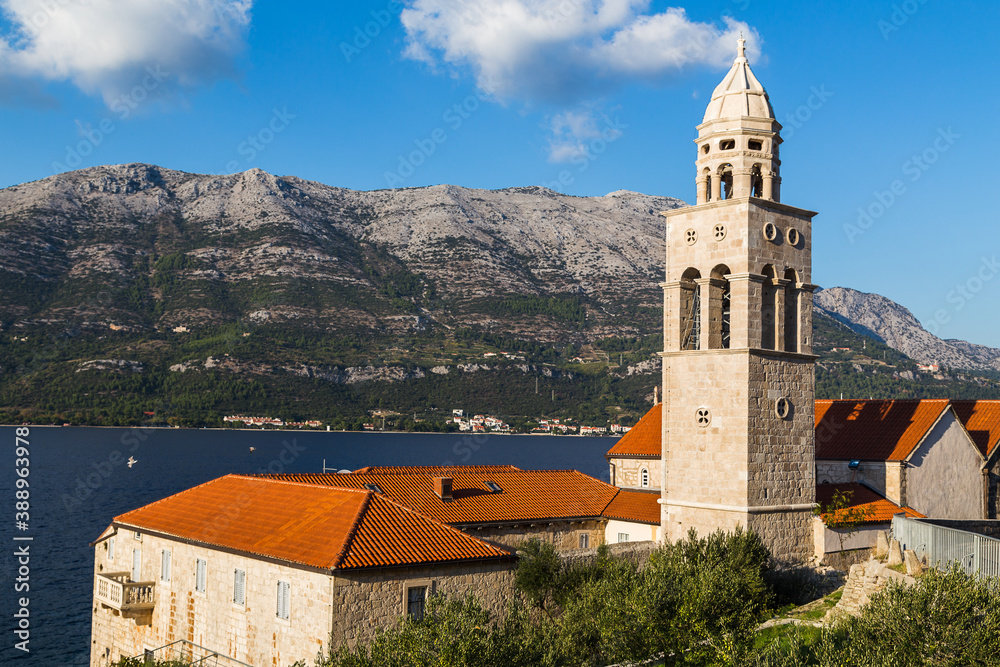 Bell tower outside the Old Town of Korcula