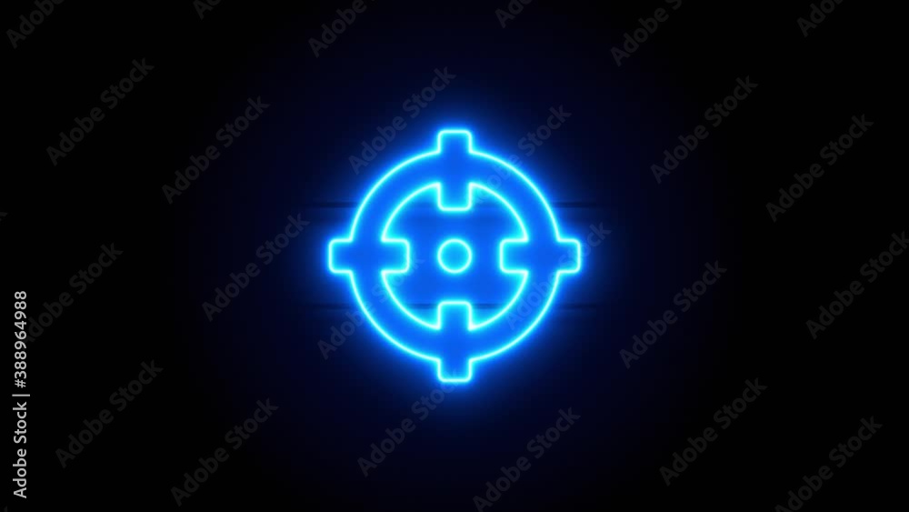 Crosshair neon sign appear in center and disappear after some time. Animated blue neon symbol on black background. Looped animation. Crosshair neon sign appear in center and disappear after some time. Animated blue neon symbol on black background. Looped animation.