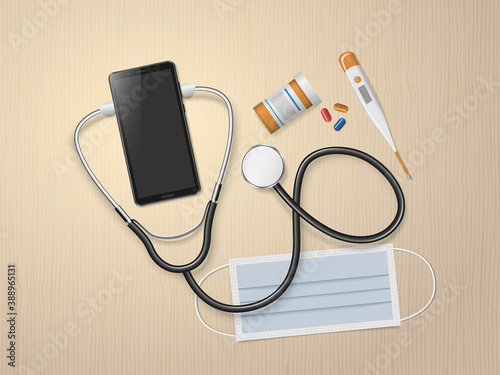 Telemedicine. Medical mobile consultation, online doctor. Smartphone with stethoscope and facial mask. Online medicine technology. Medical and health care concept. Vector illustration
