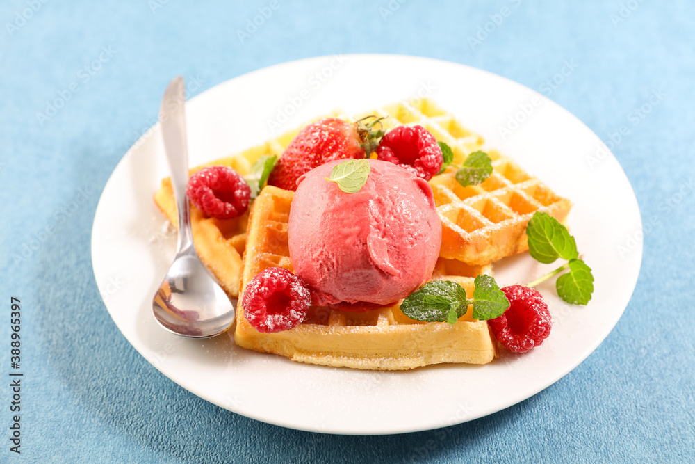 waffle with raspberries fruits and ice cream