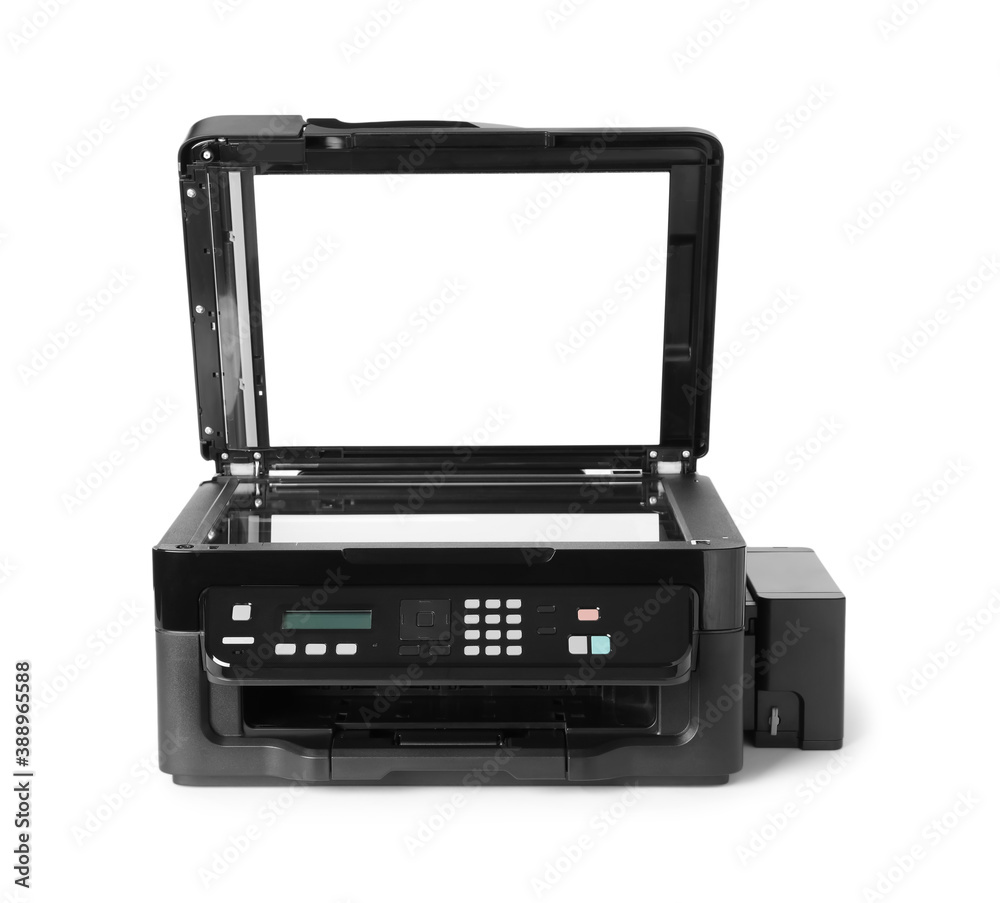 New open multifunction printer isolated on white New open multifunction printer isolated on white