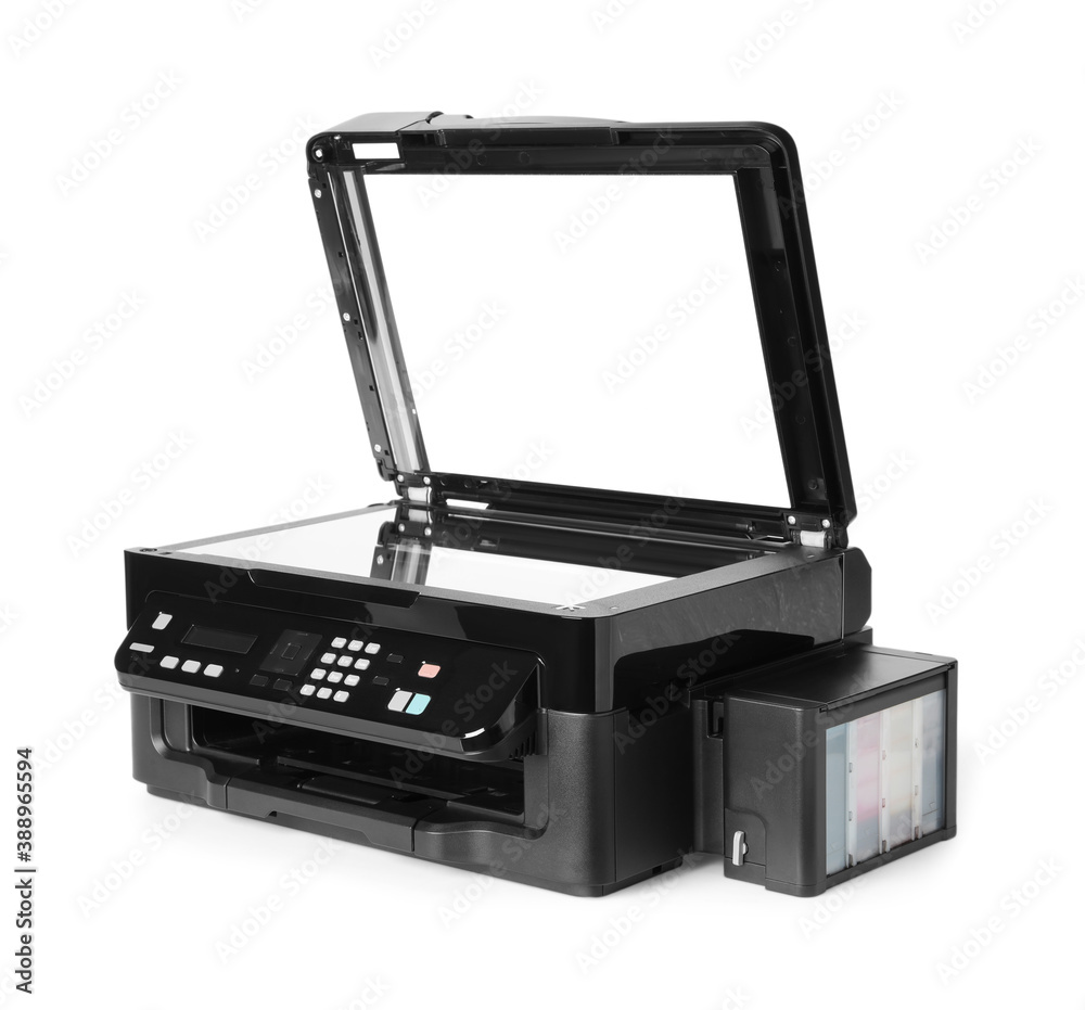 New open multifunction printer isolated on white New open multifunction printer isolated on white