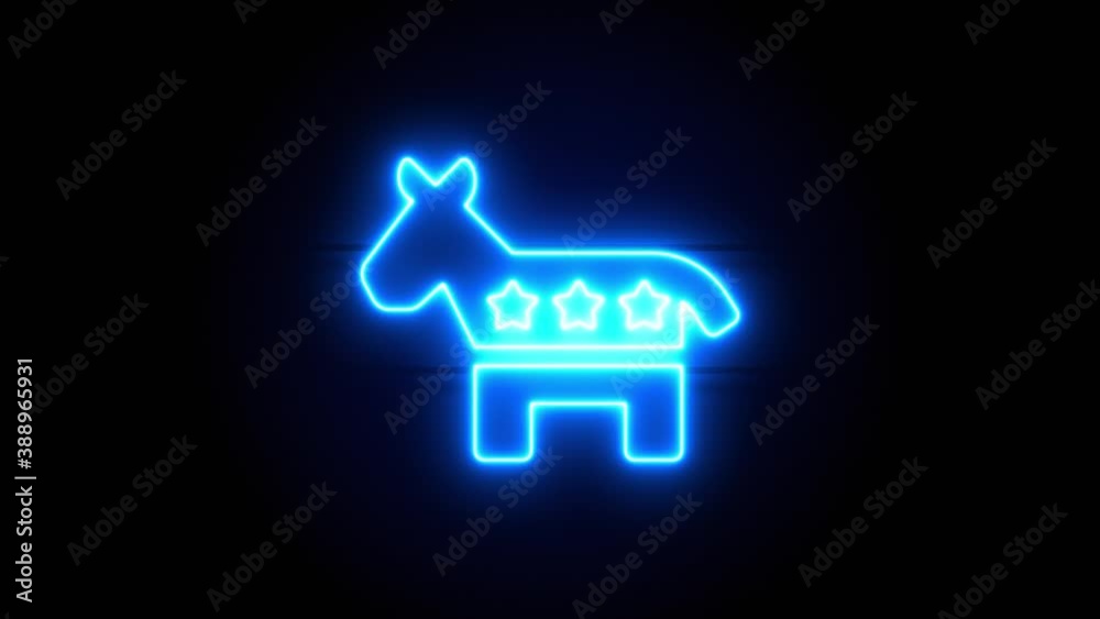 Democrat neon sign appear in center and disappear after some time. Animated blue neon symbol on black background. Looped animation.