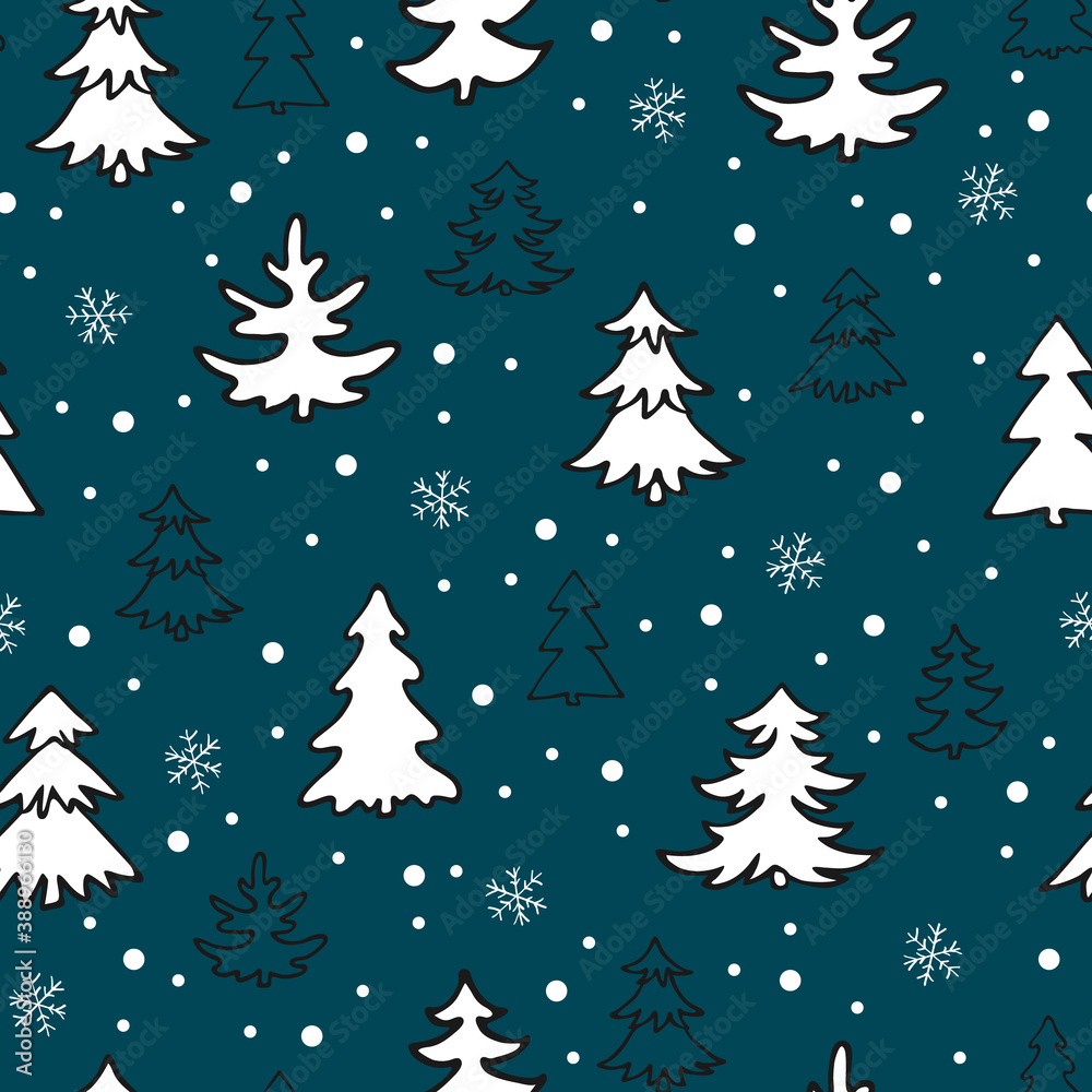 Seamless pattern with hand drawn Christmas trees, snowflakes on a navy blue background. Doodle sketch, black outline and white silhouette. Vector for New year design, woodland, fir, pine illustration.