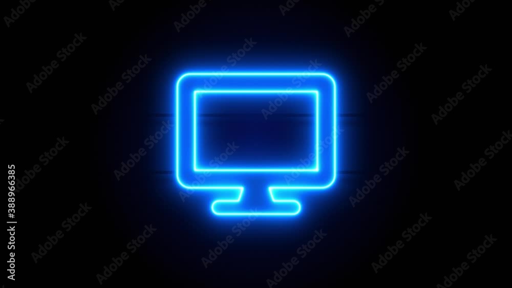 Desktop neon sign appear in center and disappear after some time. Animated blue neon symbol on black background. Looped animation. Desktop neon sign appear in center and disappear after some time. Animated blue neon symbol on black background. Looped animation.