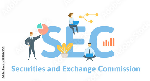 SEC, Securities and Exchange Commission. Concept with keywords, people and icons. Flat vector illustration. Isolated on white background.