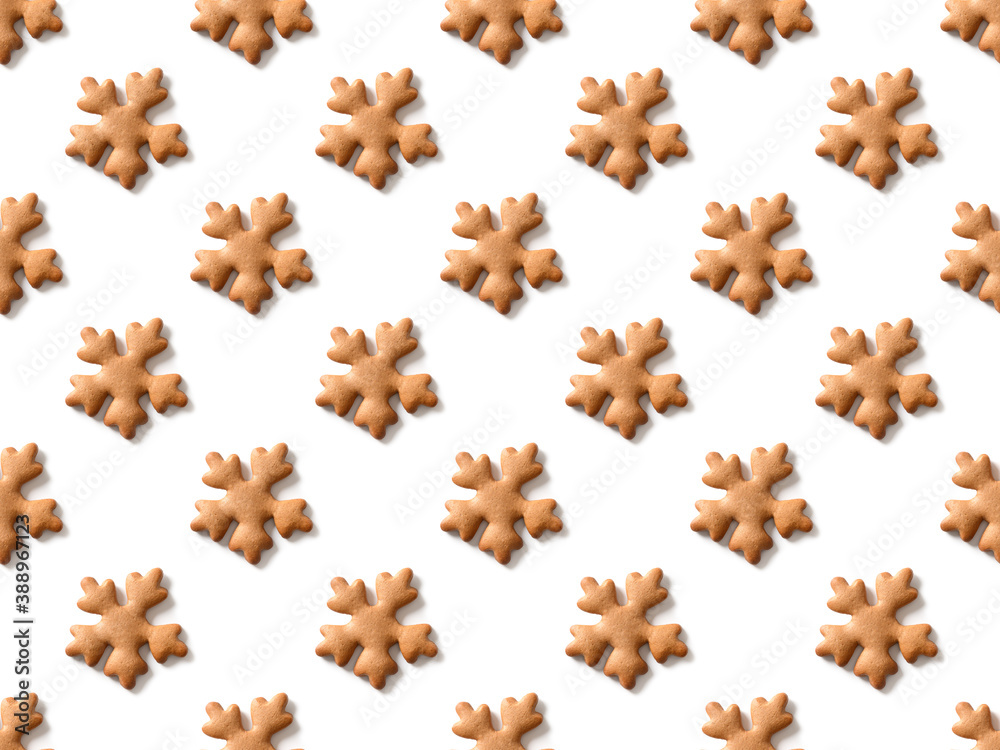 Seamless pattern of Christmas homemade cookies as snowflakes on white background. Xmas abstract background. Seamless pattern of Christmas homemade cookies as snowflakes on white background. Xmas abstract background.