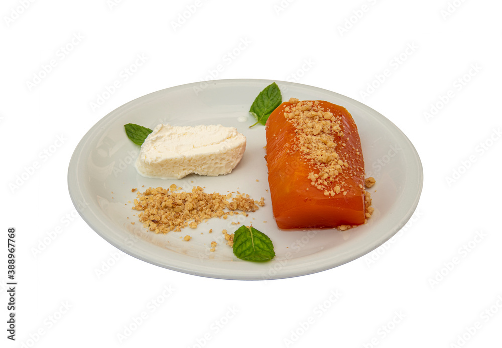 Pumpkin dessert in white plate, standing on isolated background. Pumpkin dessert in white plate, standing on isolated background.