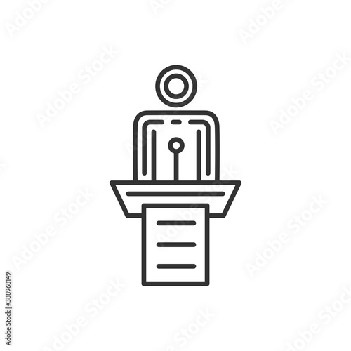 Orator speaking from tribune illustration. Public speaking clipart. Speaker. Vector black icon.