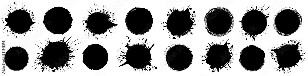 set of round brush painted ink stamp circle banner on transparent background	
