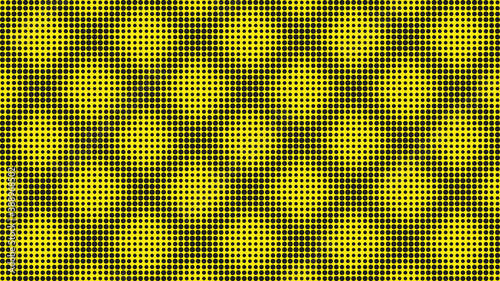 Minimal yellow black halftone background. Circles, dots of various diameters with diagonal stripes in the form of repeating rhombus. Vector illustration.