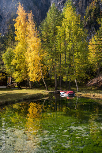 autumn forest at Lac de Derborence with reflection in Valais