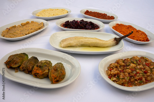 Turkish food appetizers isolated on white background, top view.