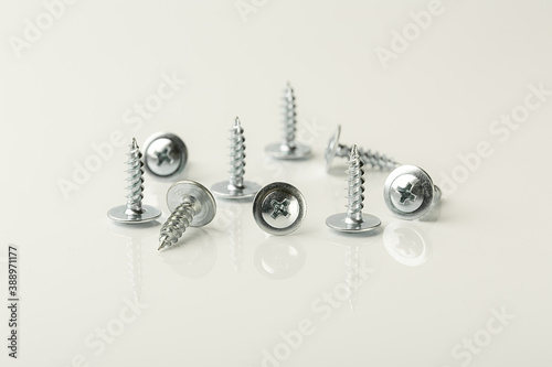 Screws of different lengths on a white background
