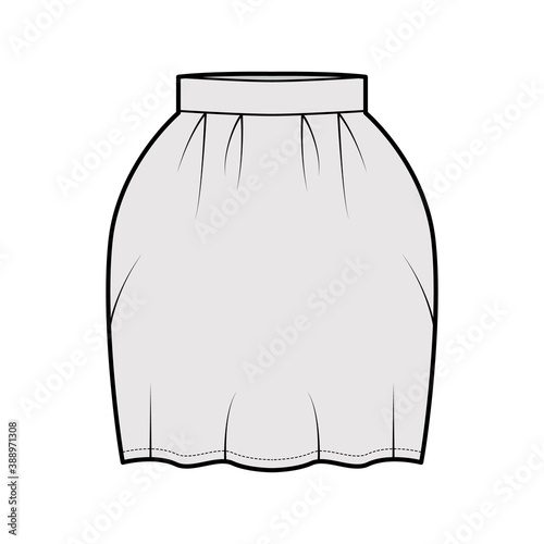 Skirt bell technical fashion illustration with pegged above-the-knee silhouette, pencil fullness, thick waistband. Flat bottom template front, grey color style. Women, men, unisex CAD mockup