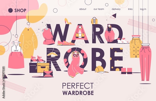 Wardrobe concept banner with hangers  shoes and female accessories. Pink  yellow and purple outline flat style good for fashion designer shop and boutique