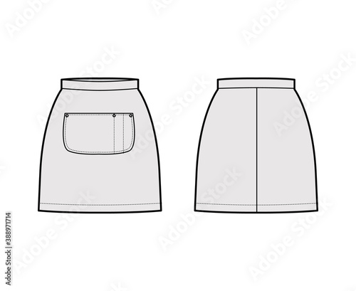 Skirt apron technical fashion illustration with mini silhouette, pencil fullness, big center pocket. Flat bottom template front, back, grey color style. Women, men, unisex CAD mockup