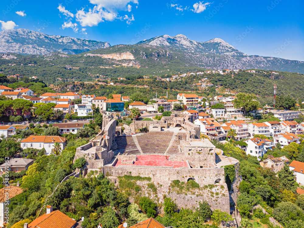 View of historic, Fortress Mare in Herceg Novi town, Kotor Bay. Drone aerial photo