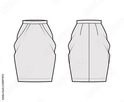 Skirt peg-top technical fashion illustration with straight knee silhouette, pencil fullness, thin waistband. Flat bottom template front, back, grey color style. Women, men, unisex CAD mockup