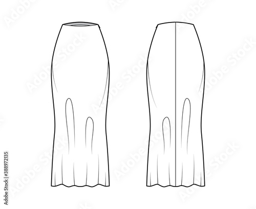 Skirt long bias cut technical fashion illustration with maxi lengths silhouette, semi-fitted fullness. Flat bottom template front, back, white color style. Women, men, unisex CAD mockup