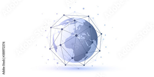 Abstract Blue and White Minimal Style Cloud Computing, Networks Structure, Telecommunications Concept Design, Network Connections, Transparent Geometric Mesh, Earth Globe - Vector Illustration