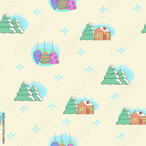 Christmas doodle seamless vector pattern with tree  house and christmas toy.