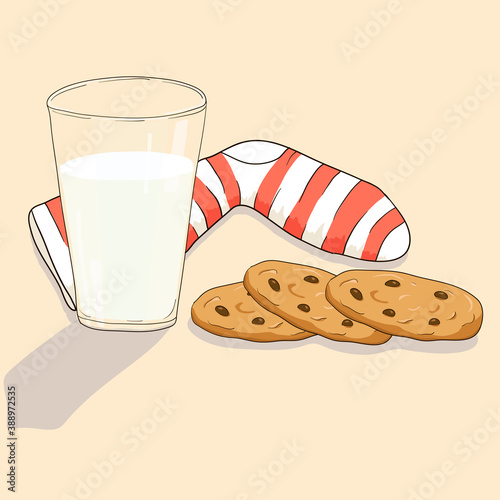 Hand drawn ector illustration of cookies and glass with milk for Santa