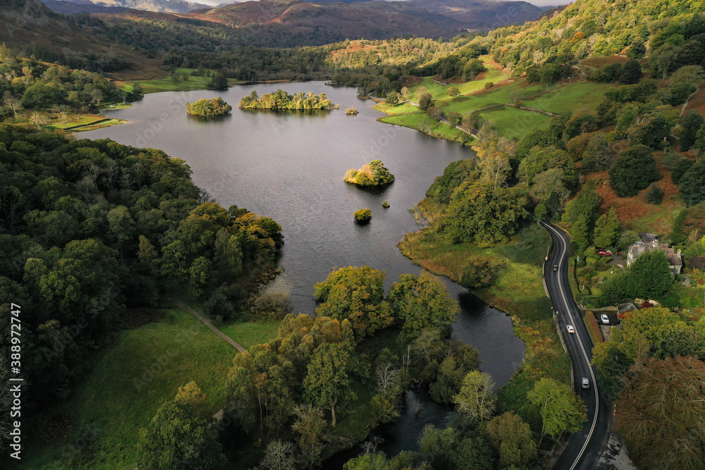 Aerial view of Rydal Water in Lake District National Park, UK during Autumn