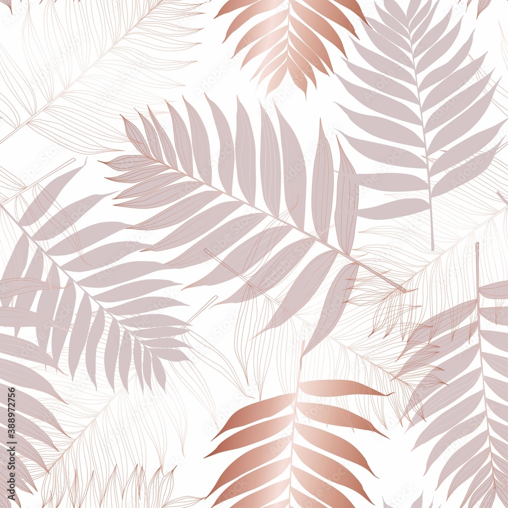 Fototapeta Seamless pattern with tropical leaves. Beige and golden palm leaves on the white background. Seamless pattern. Tropical illustration. Jungle foliage. Vintage colors.