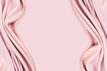 Beautiful elegant wavy light pink satin silk luxury cloth fabric texture with monochrome background design. Copy space