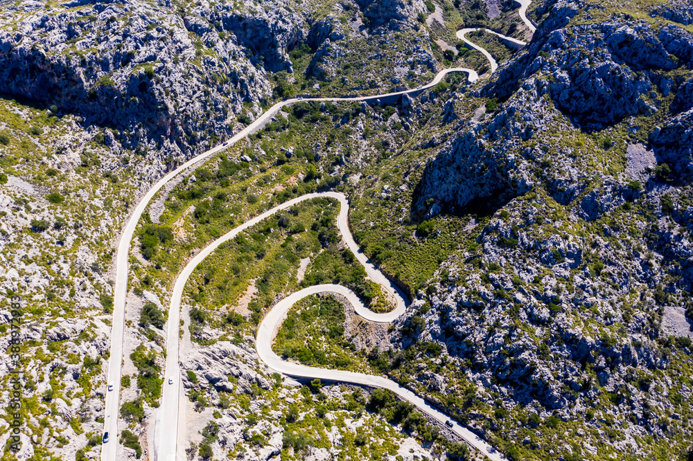 Aerial view, serpentine road MA-2141 to Sa Calobra, Serra de Tramuntana, Mallorca, Balearic Islands, Spain,